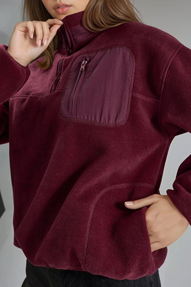BUSEM Fermuarlı Yakalı Peluş Örme Sweatshirt, Cepli - 6
