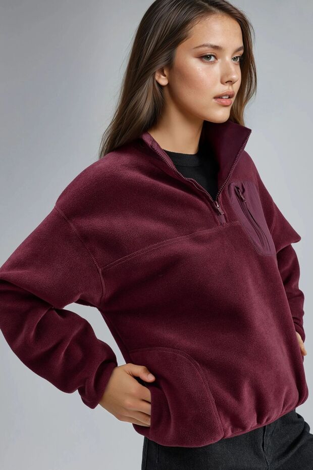 BUSEM Fermuarlı Yakalı Peluş Örme Sweatshirt, Cepli - 3