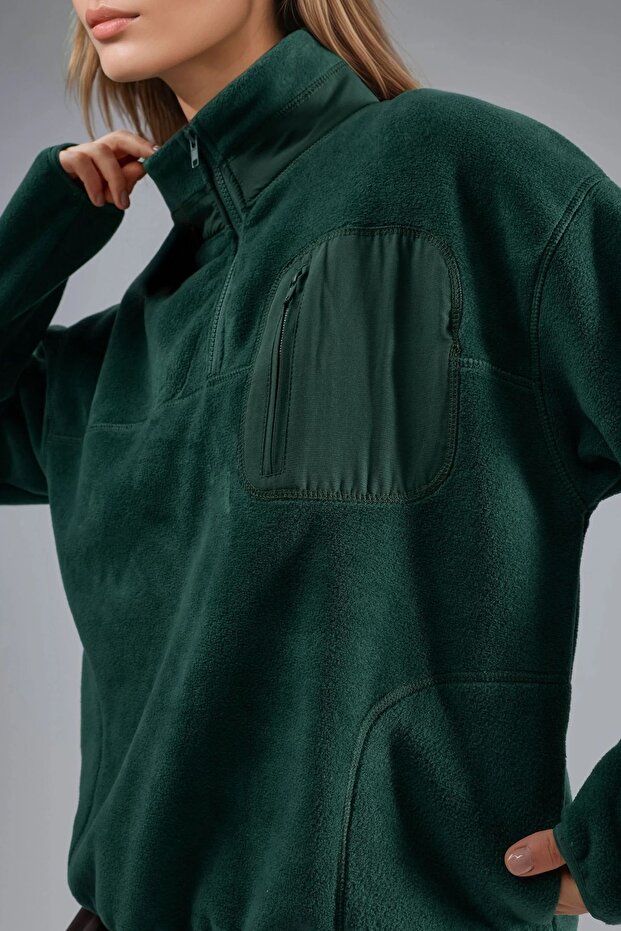 BUSEM Fermuarlı Yakalı Peluş Örme Sweatshirt, Cepli - 7