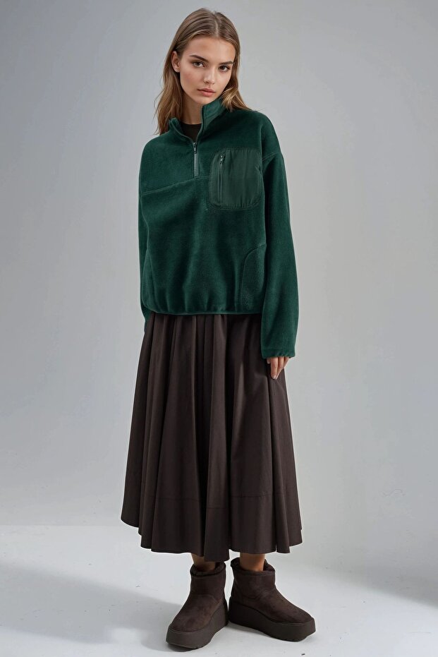 BUSEM Fermuarlı Yakalı Peluş Örme Sweatshirt, Cepli - 4