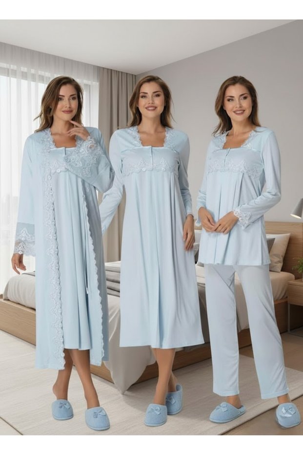 Women's Blue Long Sleeve Elegant Design Lace Cotton Maternity Nightgown Nightgown Pajama Set