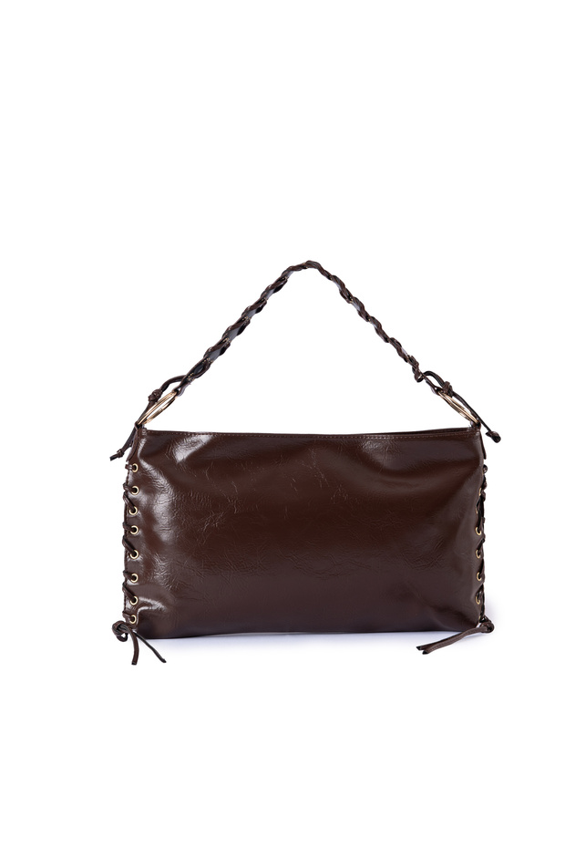 Bondy Faux Leather Knitted Detailed Wrinkled Women's Shoulder Bag Brown