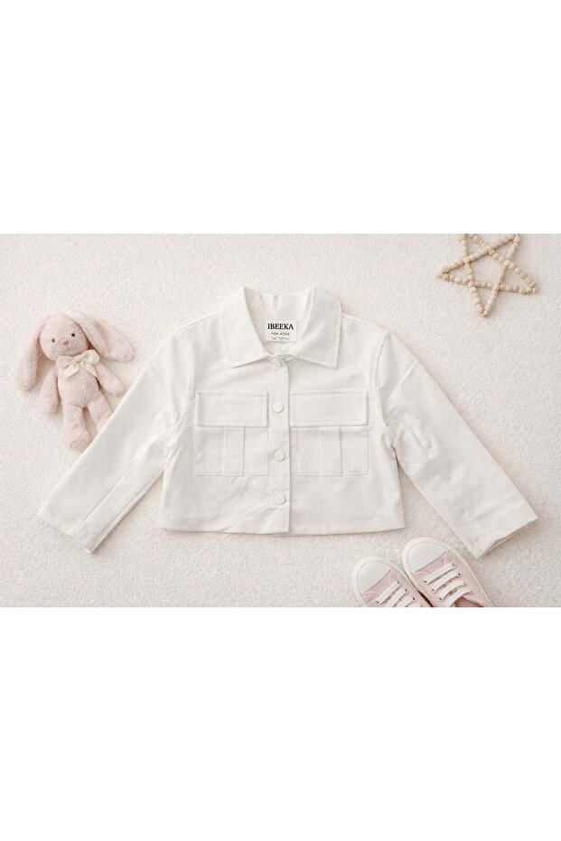 Ecru Color Pocket Detailed Snap Closure Crop Jacket with Satin Lining - 3-4 Years