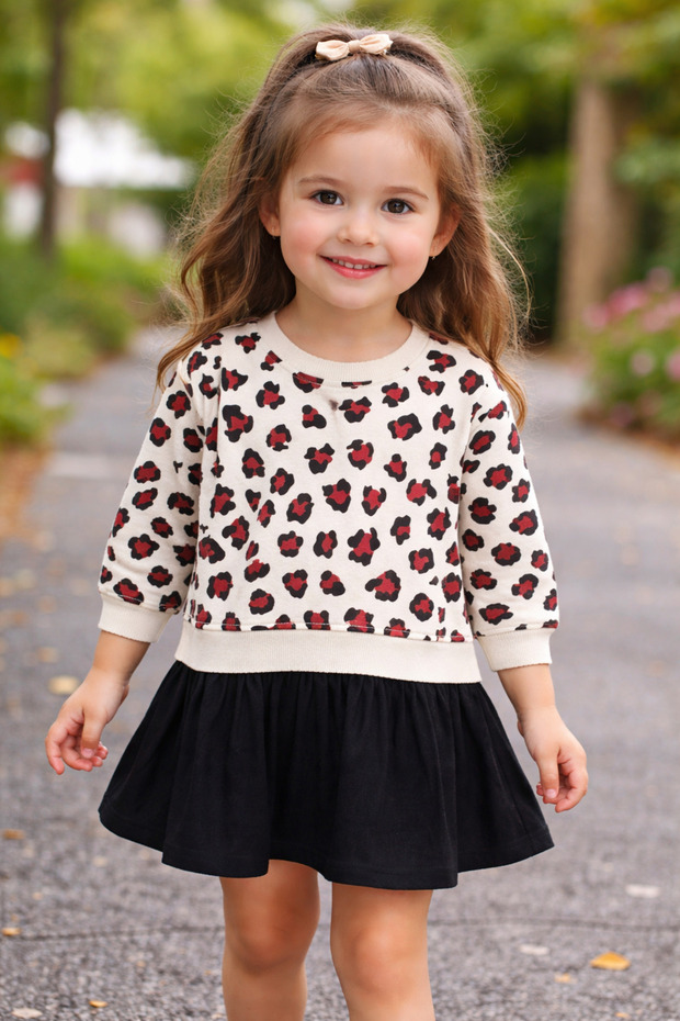Girl's Leopard Patterned Top Sweatshirt and Tulle Bottom Dress