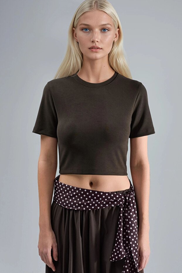 BUSEM Bisiklet Yaka Esnek Örme Crop Top - 8