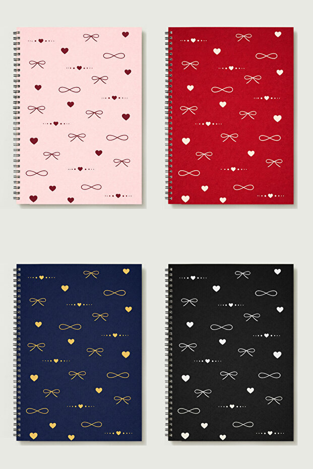 Heart Themed 4-Piece Set A5 Metal Spiral Unlined Cardboard Cover Heart Themed 4-Piece Set Notebook