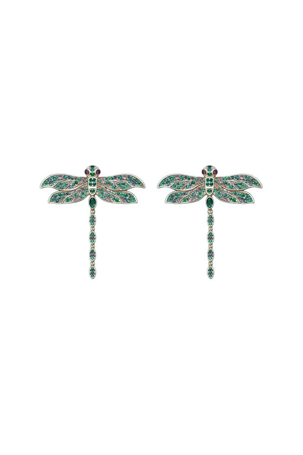 Colorful Stone Dragonfly Earrings (Silver)