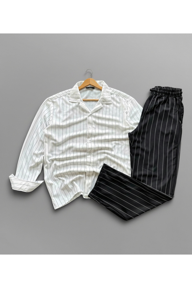 Men's Striped Shirt Pants Set Crepe Fabric Regular