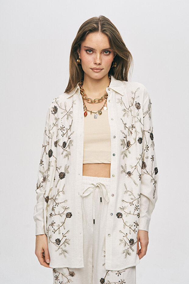 Women's Floral Embroidered Oversize Viscose-Linen Shirt