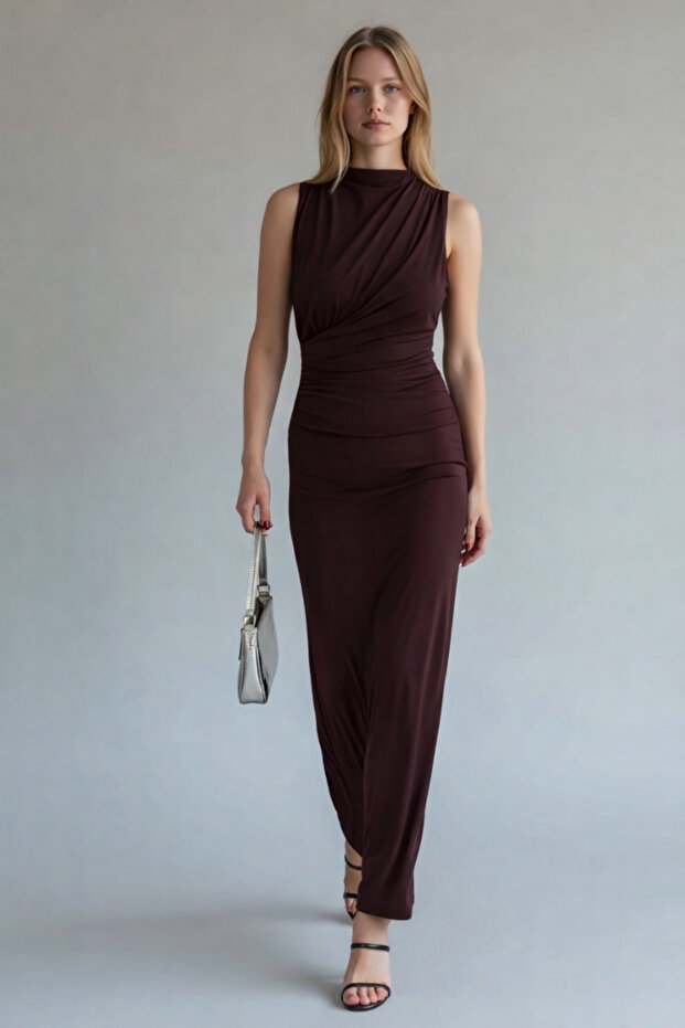 Women's Brown Zero-Sleeve Slit Sandy Dress