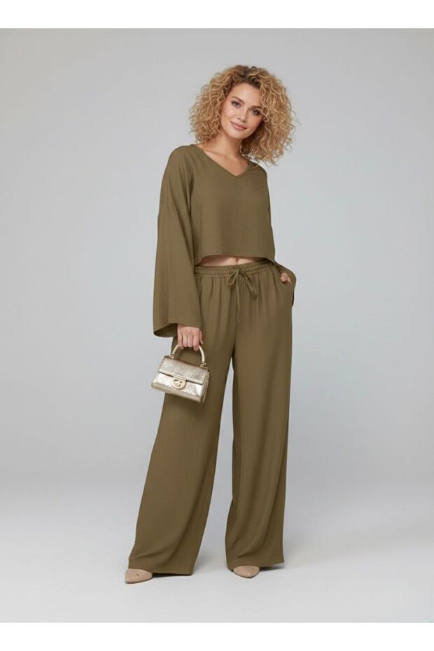V-Neck Blouse & Wide-Leg Pants Women's Top and Bottom Set – Loose Fit