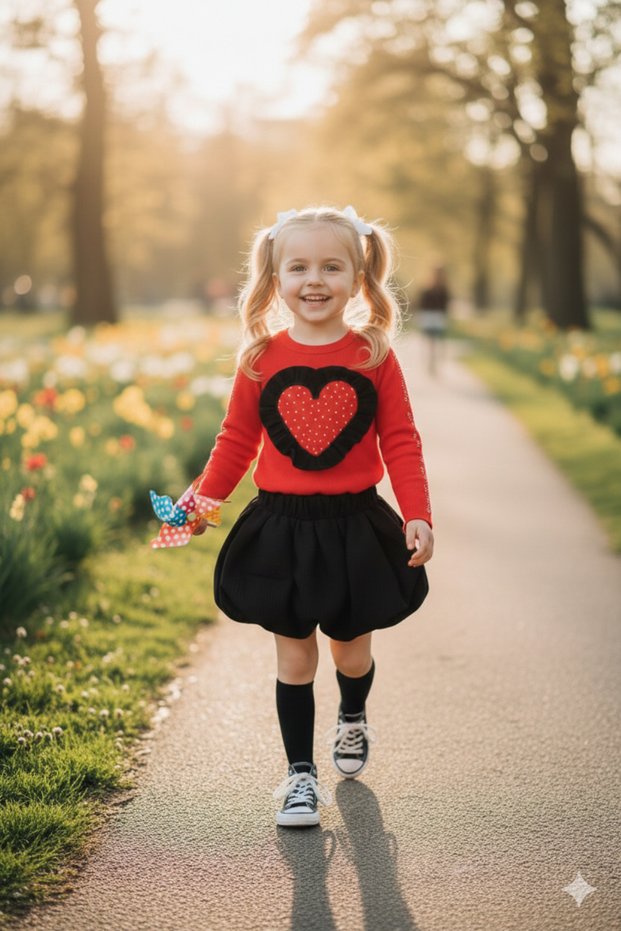Girl's Stoned Blouse and Balloon Skirt Two-Piece Set