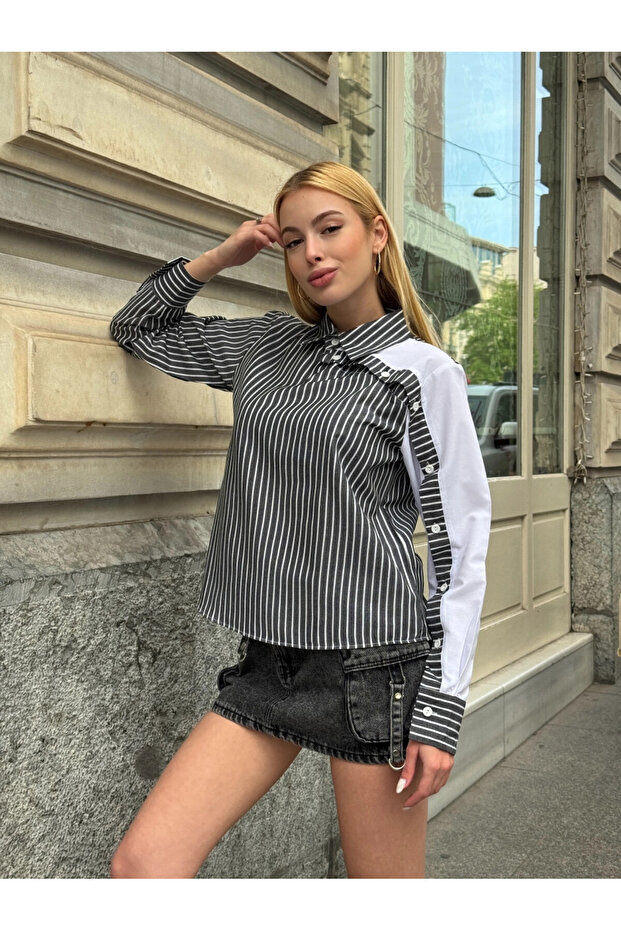Women's Black Striped Sleeve Asymmetric Button Detailed Shirt