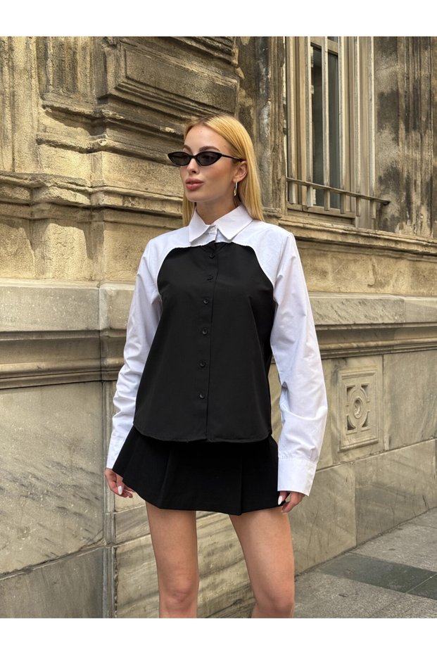 Women's Black Color Block Long Sleeve Oversize Shirt