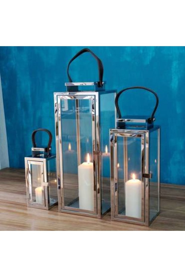 Metal lantern set of 3 different sizes, silver color, with leather handle.