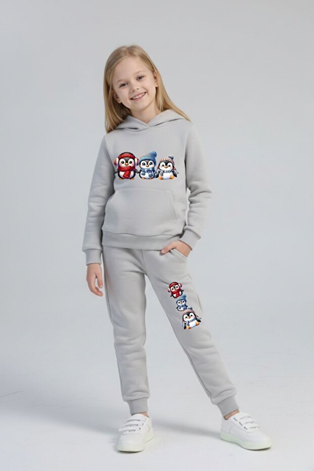 Girl's Penguin Printed Hooded Tracksuit Set