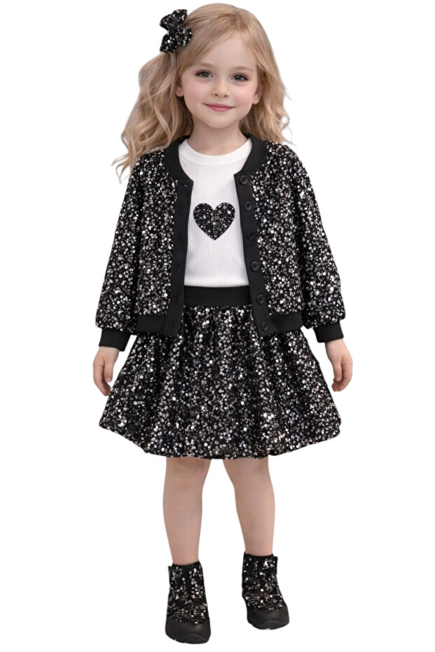 Girl's Silver Sequin Detailed Shorts Skirted Button Closure Cardigan Heart Pattern Black Color Three-Piece Set