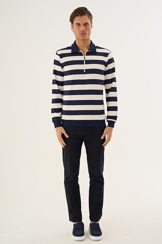 Striped Half-Zip Polo Collar Long Sleeve Sweatshirt