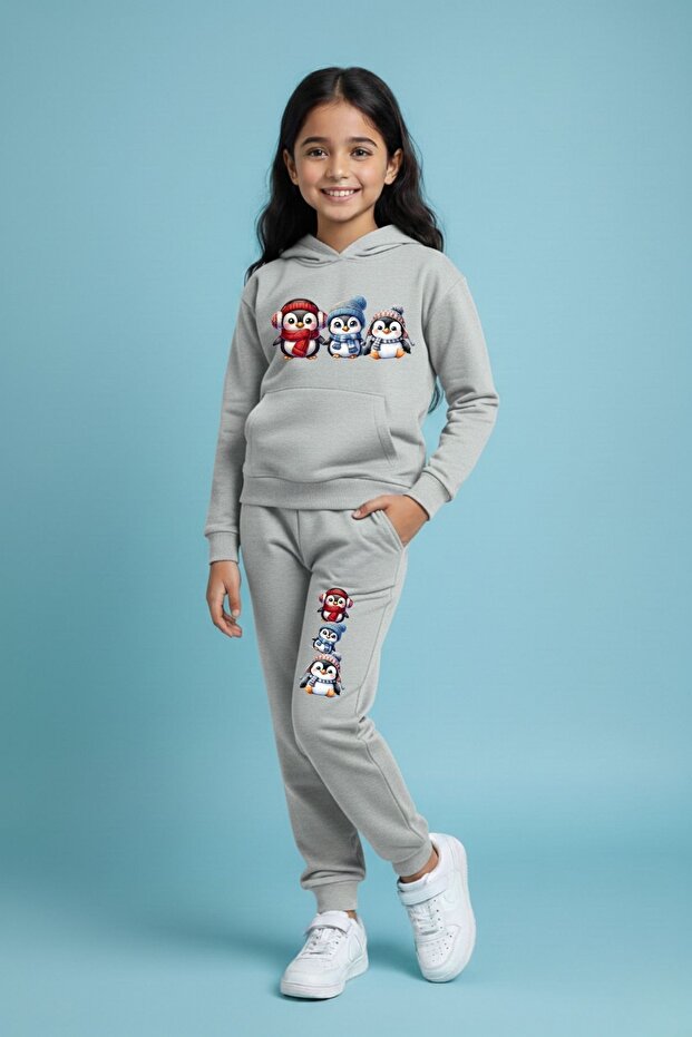 Girl's Penguin Printed Sporty Style Hooded Tracksuit Set