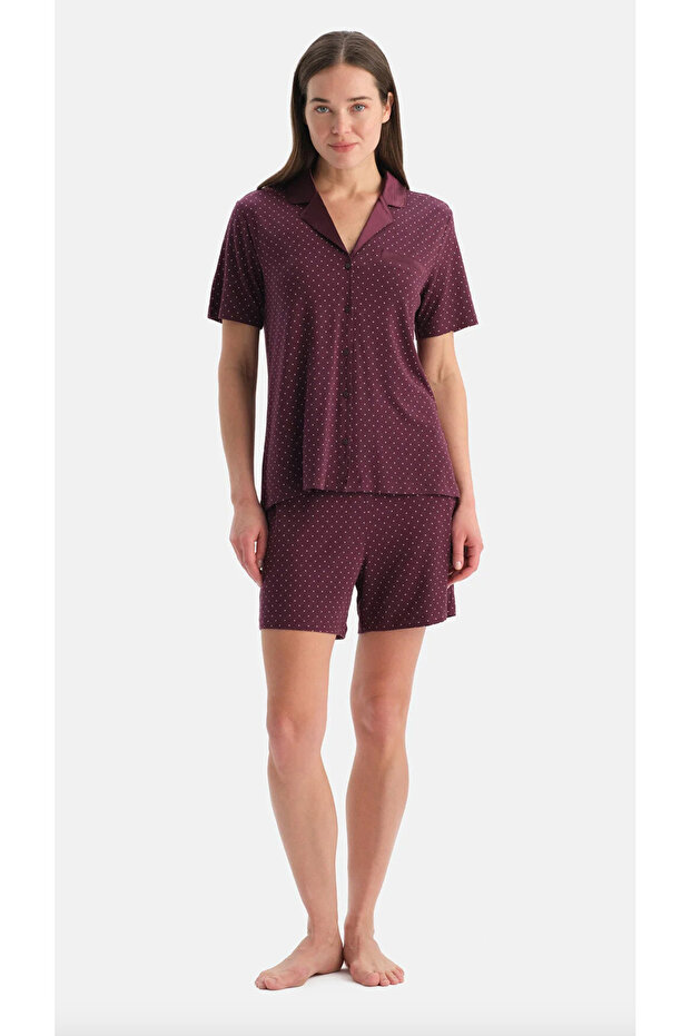 Women'S, Exclusive, Plum, 95% Viscose 5% Elastane Satin Collar Shirt-Collar Shorts Pajama Set