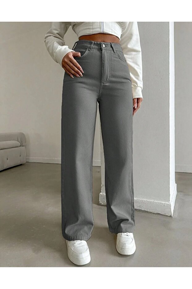 HIGH-WAIST GREY LINEN WIDE-LEG FULL-FIT TROUSERS