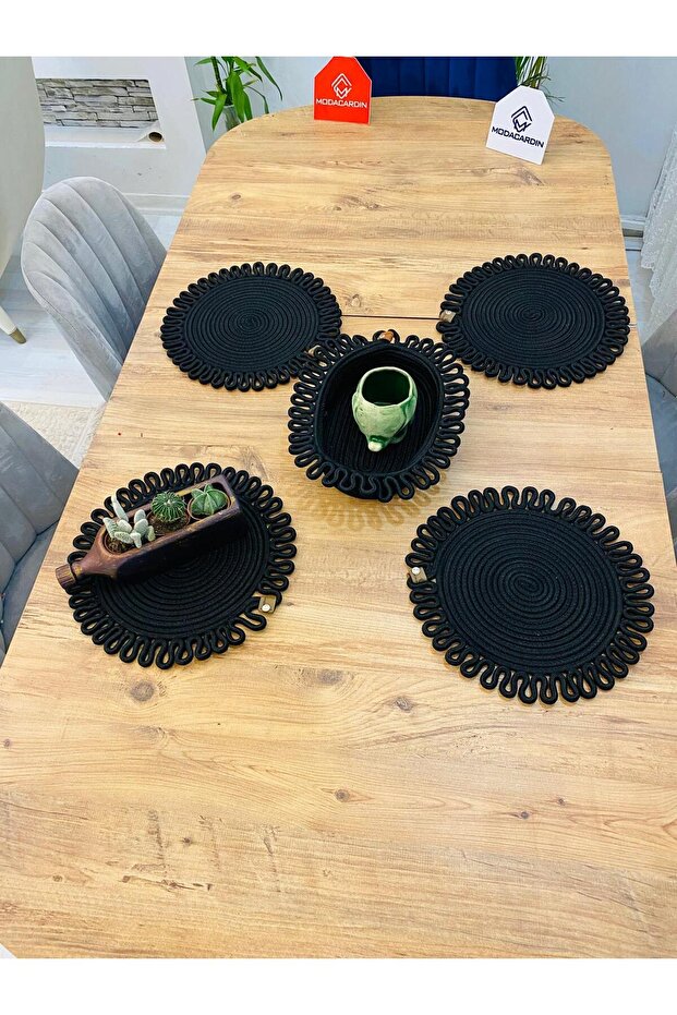 Jute Straw Presentation Plate Mat, American Serving Tray and Basket, 5 Pieces