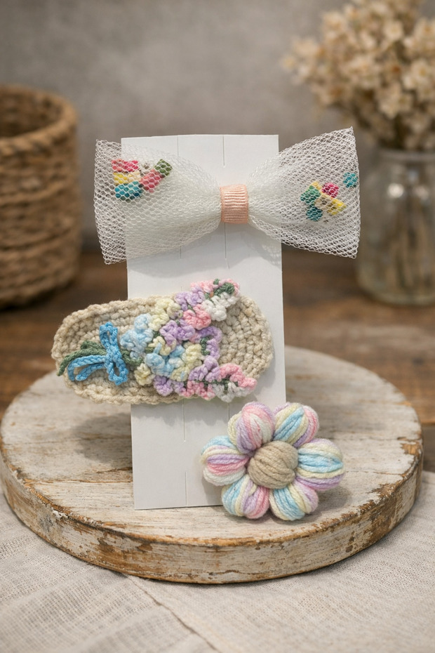 Handmade Pastel 3-Piece Girls' Buckle Set |   Knitted Flower, Tulle Bow, and Snap Buckle