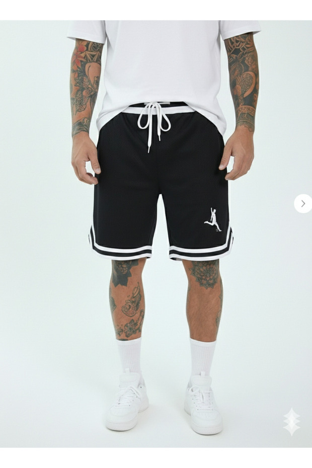 Printed Men's Black Basketball Shorts - Retro Style Mesh-Free Relaxed Fit Sports Shorts