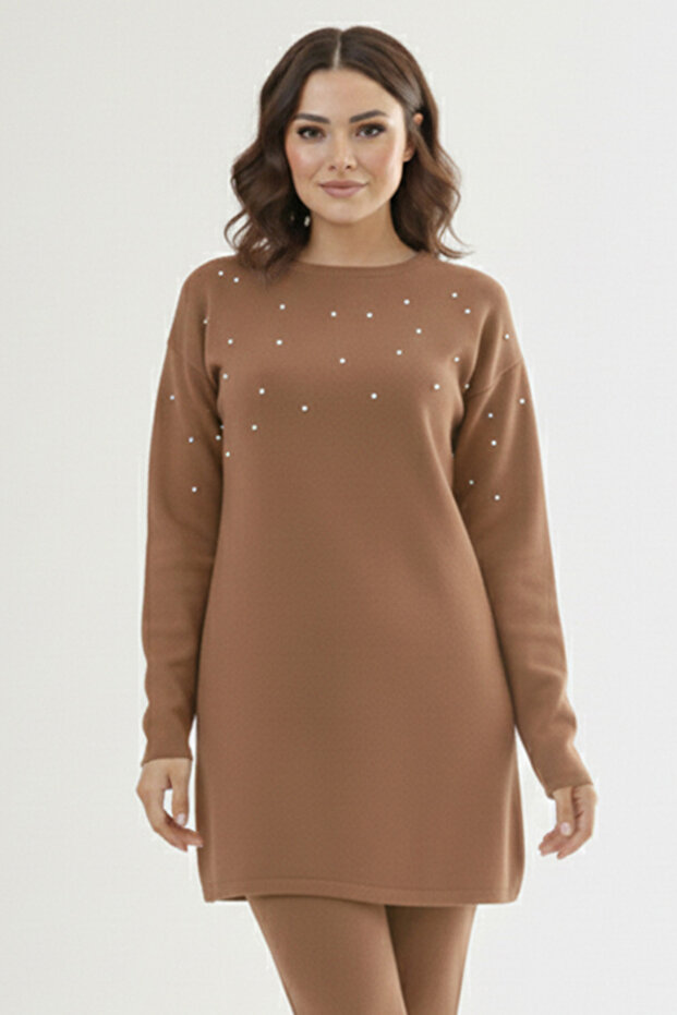 Stone Detailed Knitwear Tunic P6205-1 Mink