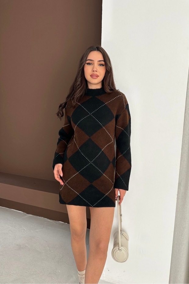 Plaid Patterned Mini Length High Neck Knitwear Dress Aw25El0030