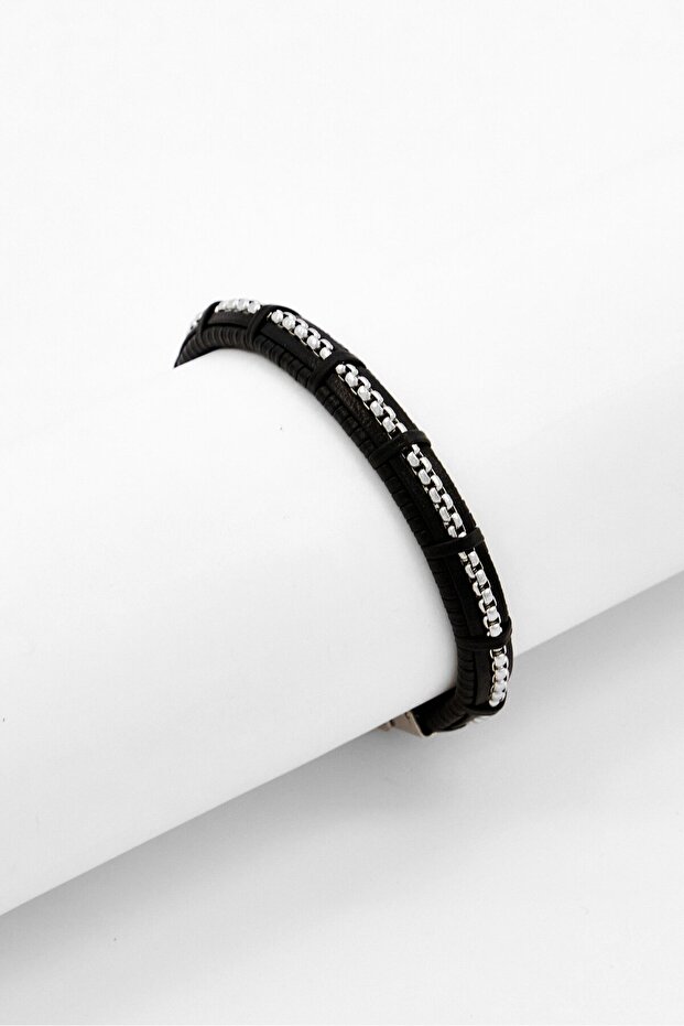Men Braided Leather Inlay Box Chain Bracelet, Black