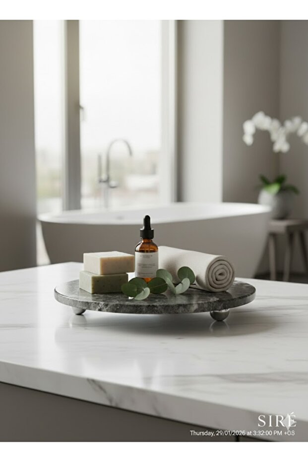 Round Marble Presentation Tray with Metal Legs 30 cm - Siré Black Stone Collection