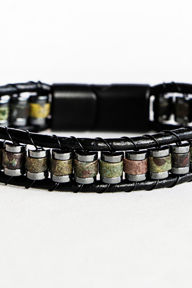 Handmade Natural Stone Men's Bracelet, Cylinder Beaded Indian Agate Hematite Valentine's Day Gift
