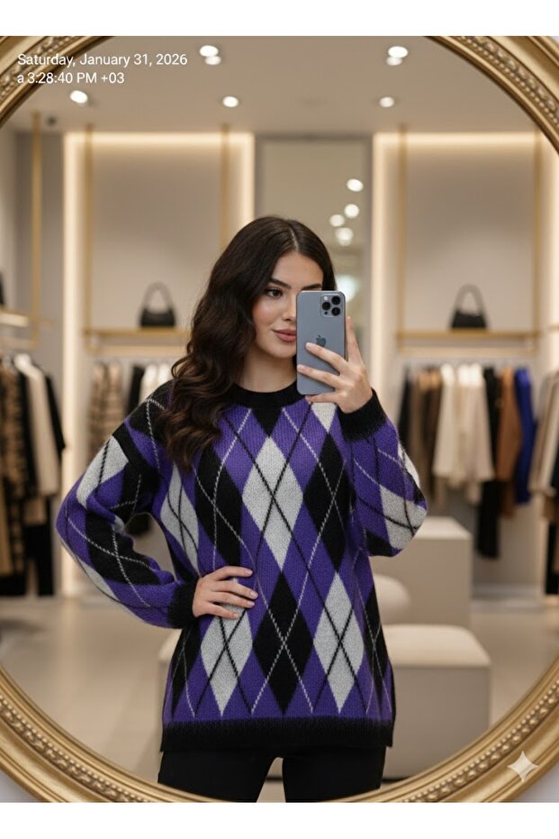 Baklava Patterned Thick Slit Fleece Oversized Crew Neck Striped Sweater
