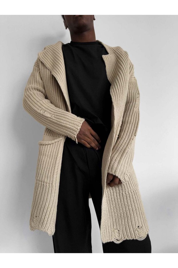 Premium Oversize Thessaloniki Knitted Men's Cardigan - Hooded Bathrobe Collar Long Knitwear Cardigan