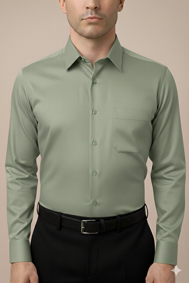 Regular Fit Classic Cut Long Sleeve Easy-Iron Breathable Texture Tie-Down Collar Four Seasons Single Pocket Shirt