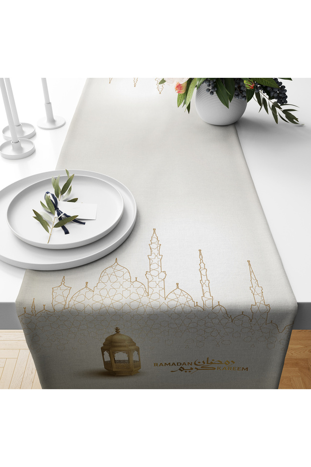 مفرش طاولة طولي لشهر رمضان، بنقشة رمضانية، مقاوم للبقع، قابل للغسل، مصنوع من قماش خلية نحل ميكرو، المقاس 140×40 سم