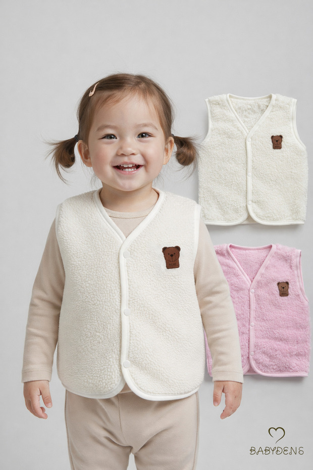2-Piece Welsoft Vest Set for Baby Girls, Plush Soft Winter Vest with Teddy Bear Embroidery, Snap Fasteners, Casual