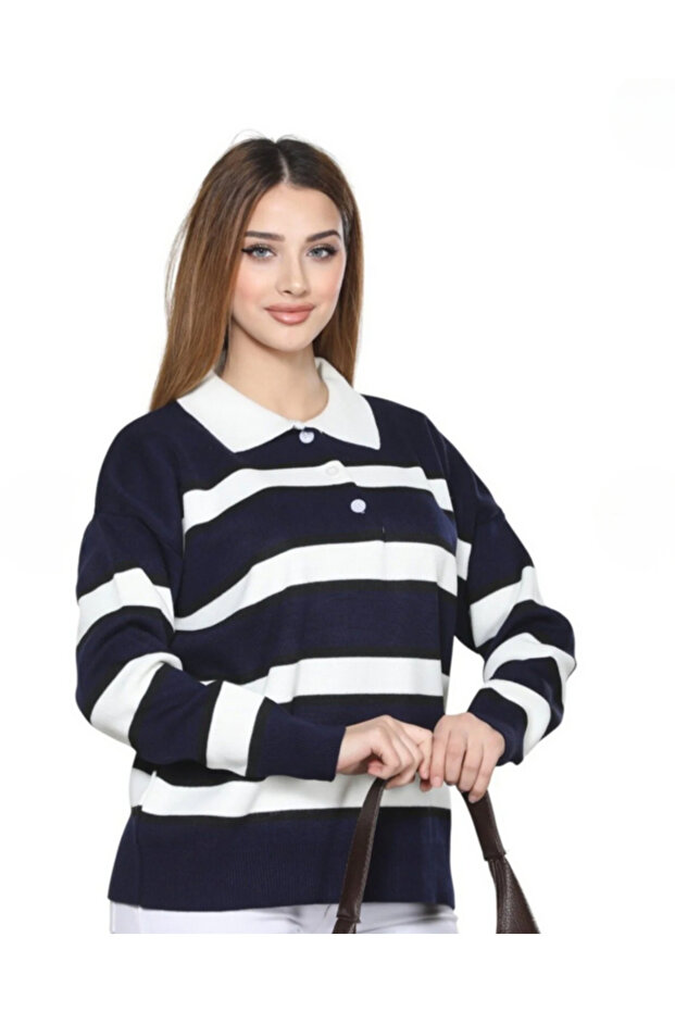 Navy Blue Striped Polo Collar Buttoned Women's Knitwear Sweater