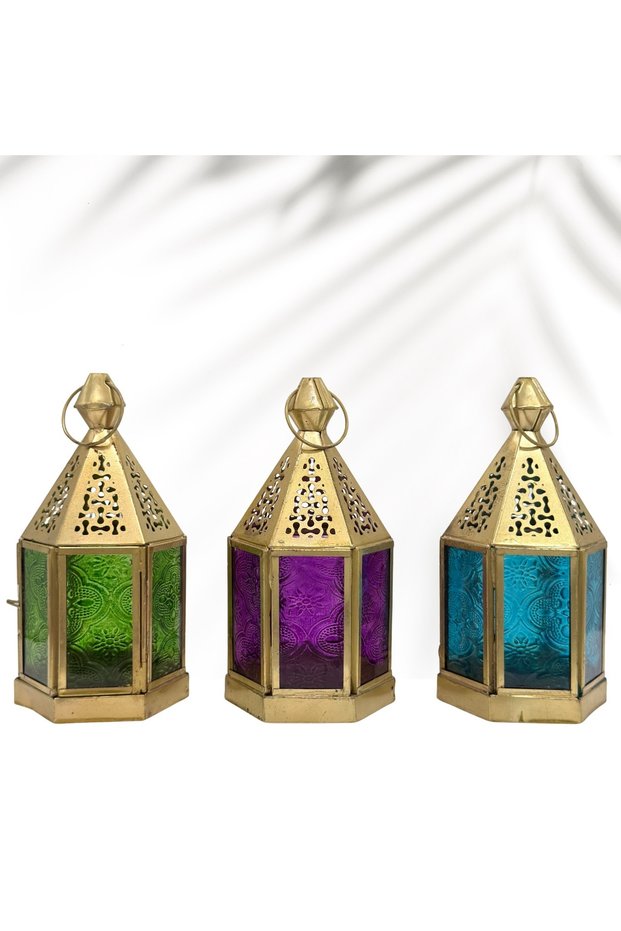 Ramadan Lantern Set of 3 – Mini Moroccan Gold Candle Lanterns Blue Purple Green | Arabic Lanterns | Ramadan Decorations | Lanterns for Decor | Small Candle Holder | 15cm 3 Pcs fanoos