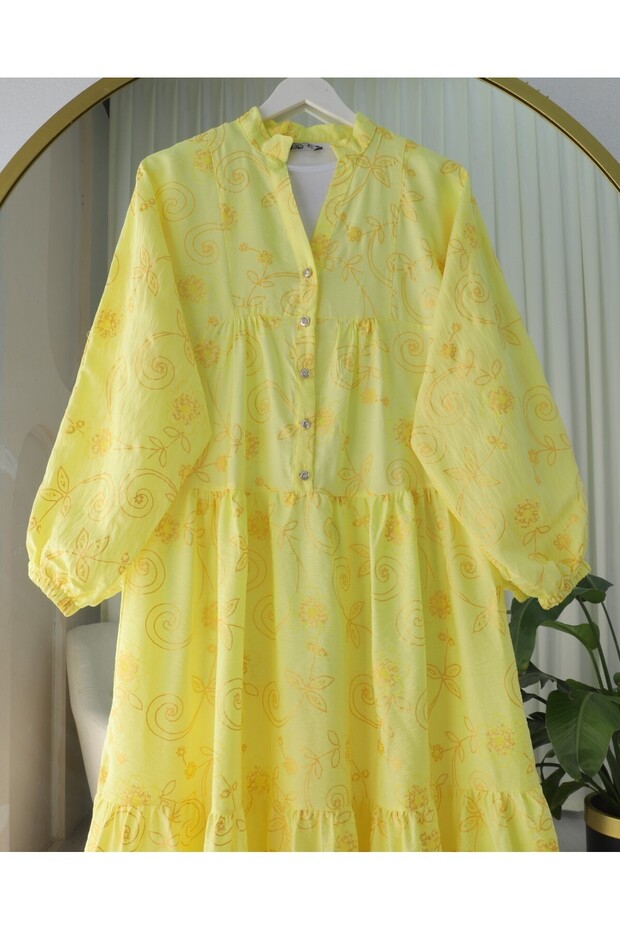 Jakar Baskı Düğmeli Katlı Elbise - Sarı - 2