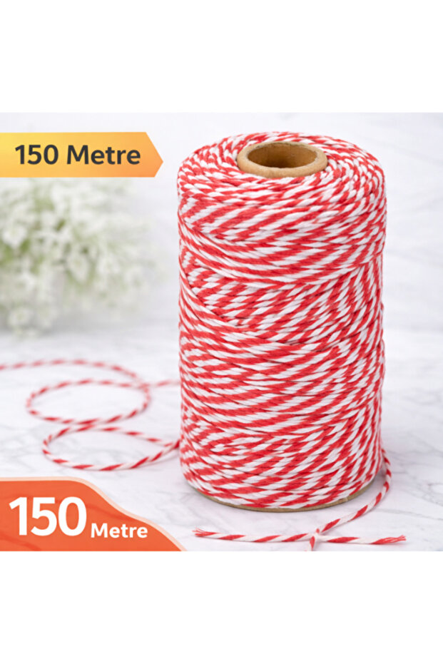 150 Meters Red and White Packaging String - Gift Packaging String - Marteniçka String - 1 Piece
