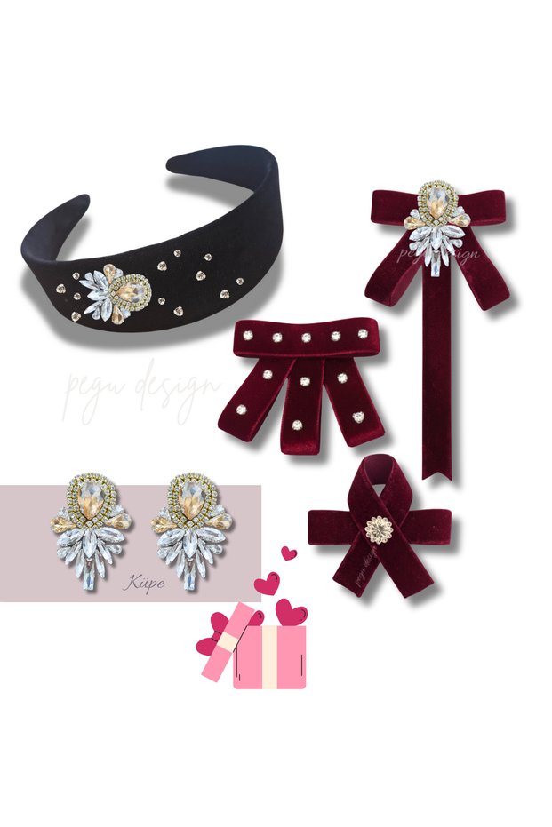 Set of 5 Velvet Crown, Stone-Complete Collar Brooch, Velvet Automatic Clasp, Pair of Earrings Valentine's Day Gift