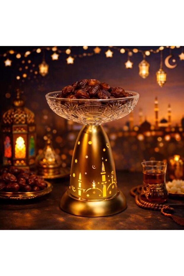حامل حلوى مضيء بتصميم رمضاني فاخر باللون الذهبي