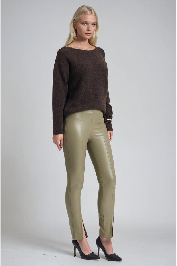 High waist faux leather leggings pants with ankle slit 0110