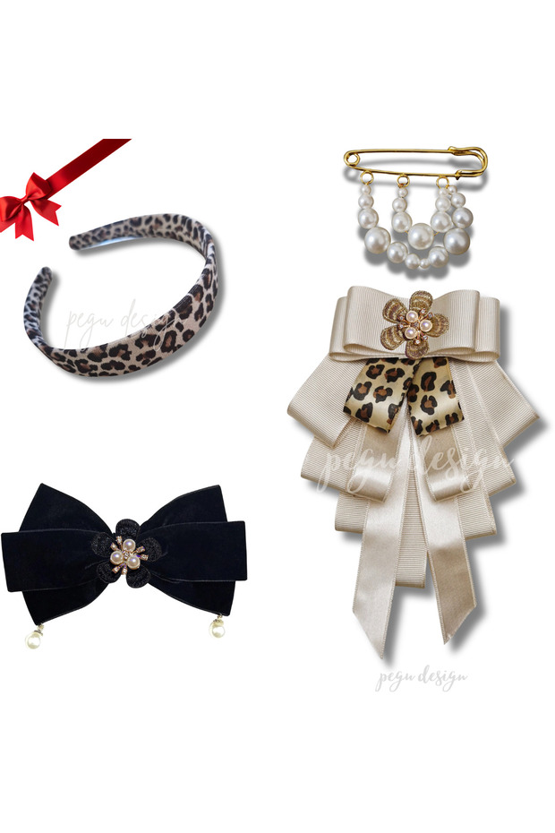 Set of 4 Leopard Crown, Flower Collar Brooch, Velvet Automatic Clasp, Scottish Pin, Valentine's Day Gift