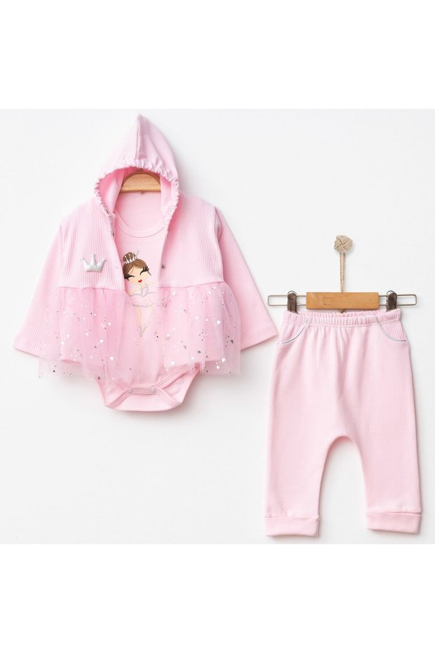 Baby Girl 3-Piece Tulle Set (Hooded Cardigan + Bodysuit + Pants)-6-9 Months