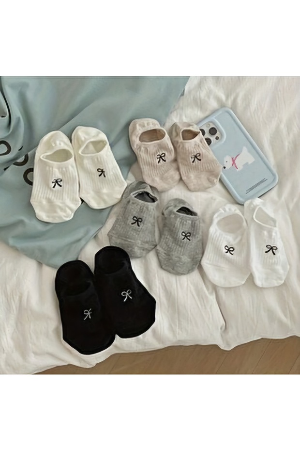 Women's 5 Pairs Premium Bowknot Flower and Heart Patterned Ballerina Socks Candy White