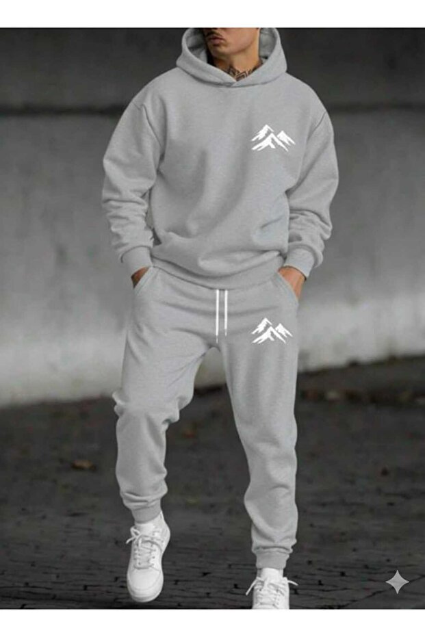 Unisex Mountain Figured Lover's Combination Oversize Hooded Top and Bottom Tracksuit Set