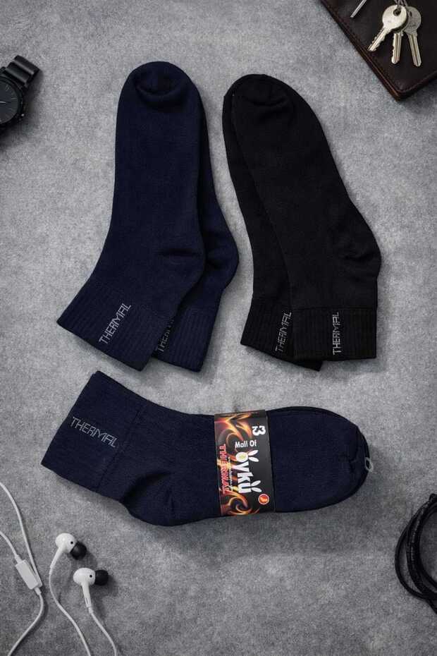 Men's Winter Thermal Terry Bootie Socks – Cold-Resistant, Soft Textured, 3 Pairs - Mixed Colors